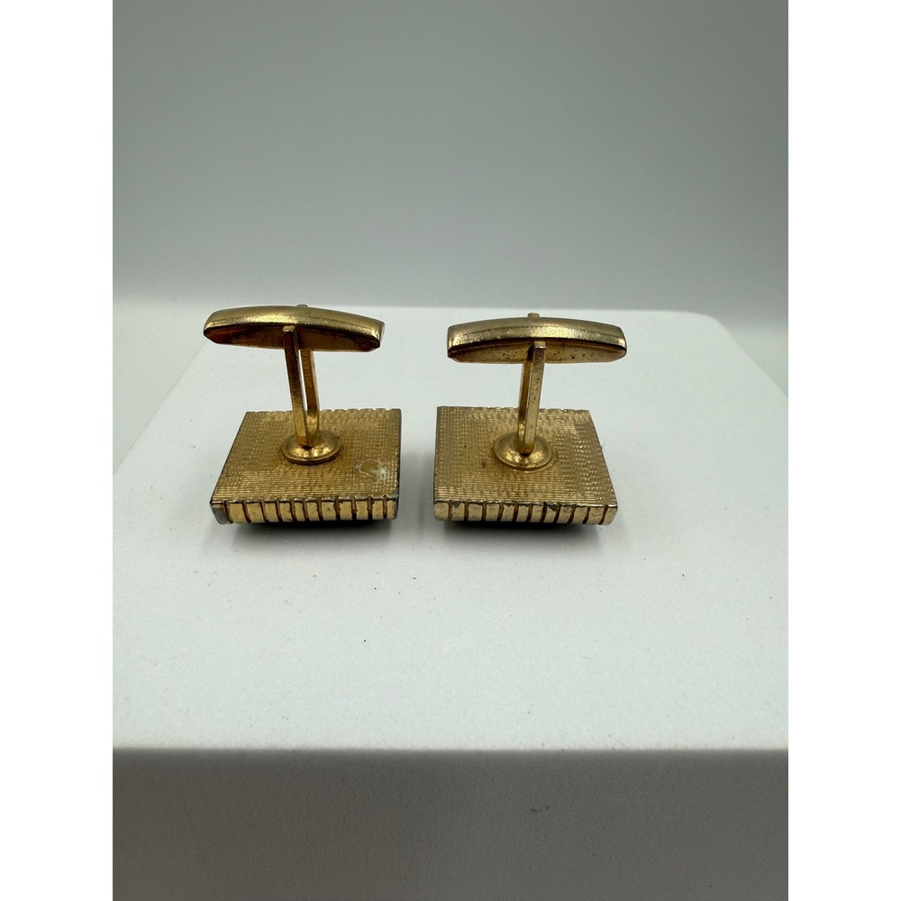 Vintage Gold Tone Speckled Stone Rectangular Cufflinks Mid Century Modern Mens - Picture 3 of 4